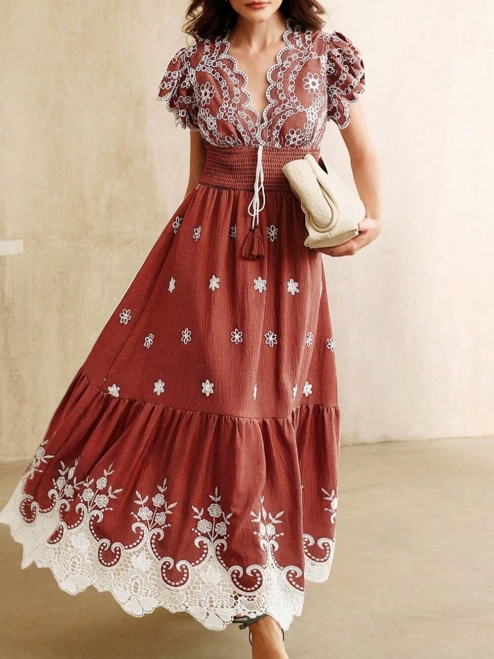 Red Boho Women's Embroidered Lace V-Neck Short Sleeve Cinched Maxi Dress - Picture 6 of 7